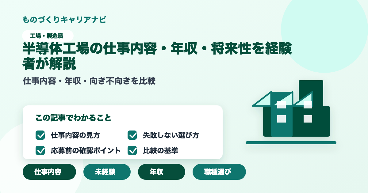 半導体工場の仕事内容・年収・将来性を経験者が解説の要点を図解したアイキャッチ画像