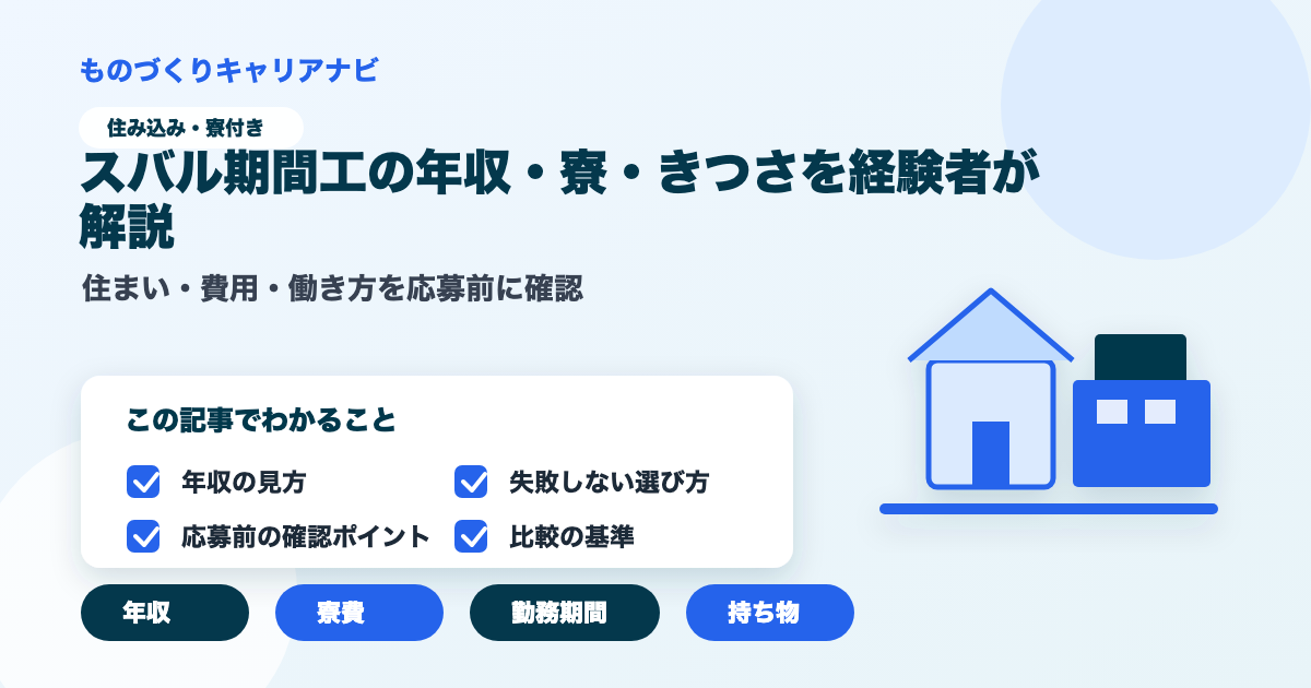 スバル期間工の年収・寮・きつさを経験者が解説の要点を図解したアイキャッチ画像
