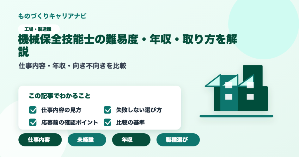 機械保全技能士の難易度・年収・取り方を解説の要点を図解したアイキャッチ画像