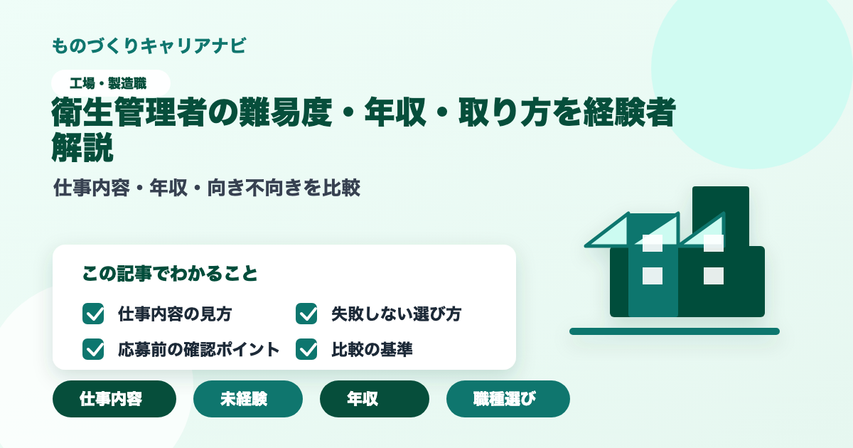 衛生管理者の難易度・年収・取り方を経験者解説の要点を図解したアイキャッチ画像