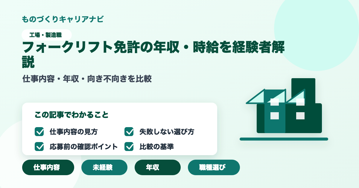 フォークリフト免許の年収・時給を経験者解説の要点を図解したアイキャッチ画像