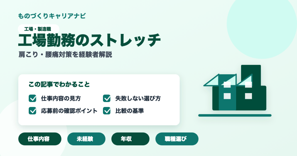 工場勤務のストレッチの要点を図解したアイキャッチ画像