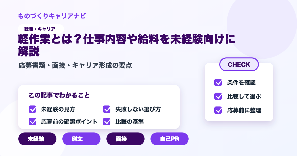 軽作業とは？仕事内容や給料を未経験向けに解説の要点を図解したアイキャッチ画像