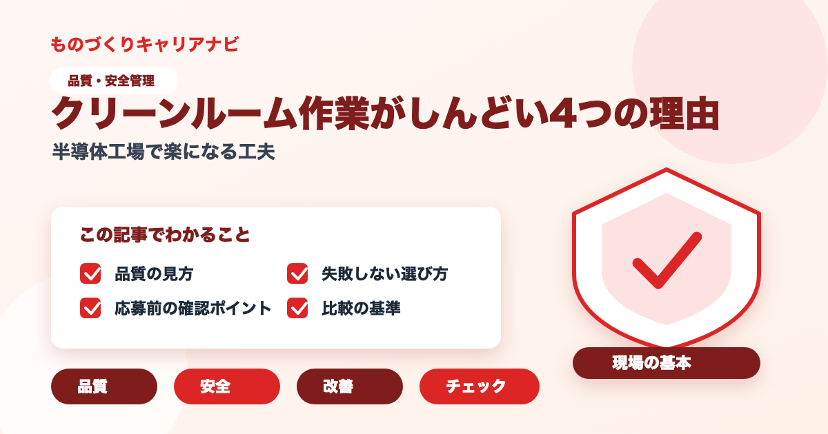 クリーンルーム作業がしんどい4つの理由の要点を図解したアイキャッチ画像