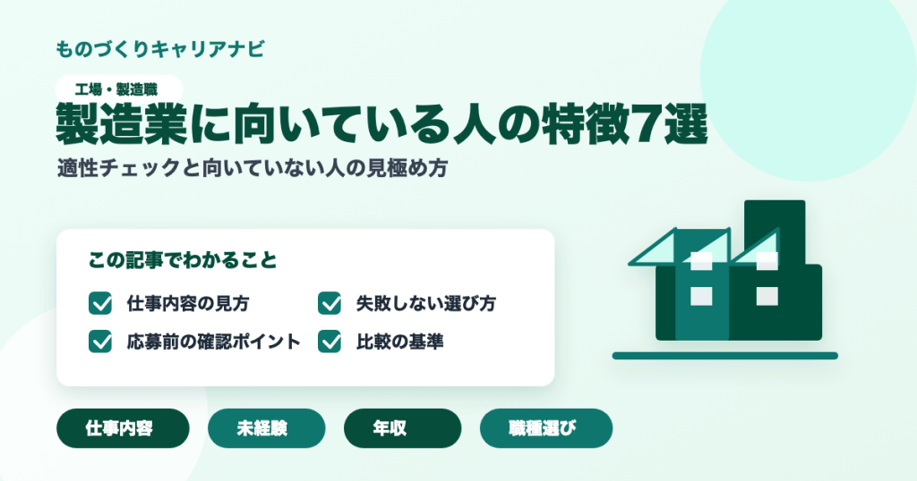 製造業に向いている人の特徴7選の要点を図解したアイキャッチ画像